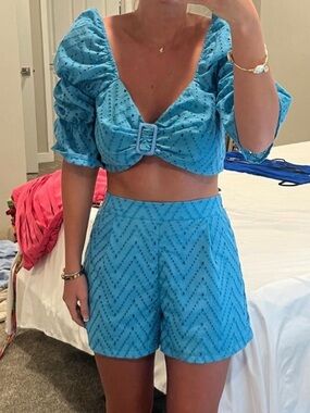 Blue Two-Piece Eyelet Set - Puff Sleeve Crop Top & High Waisted Shorts